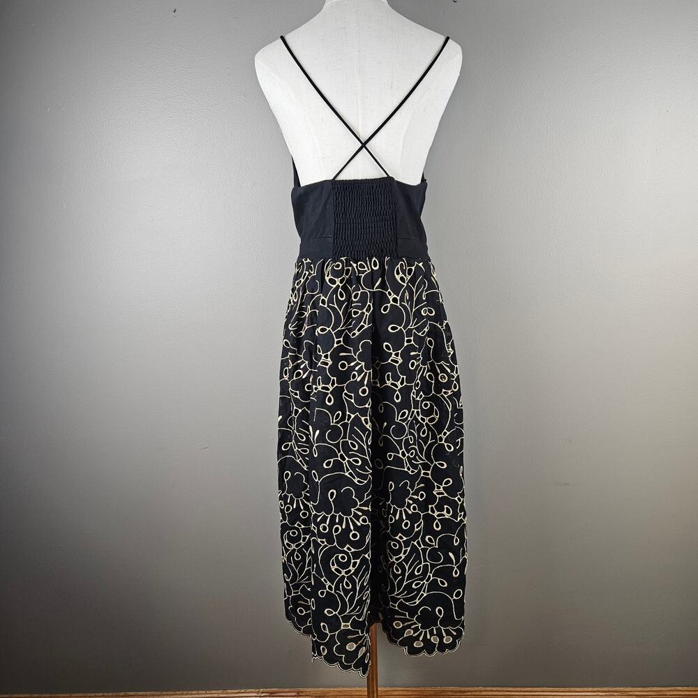 Maeve Anthropologie Black Gold Embroidered Midi Dress Spaghetti Strap M - Picture 2 of 10